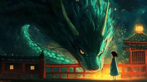Lantern bridge pact between storm-scale dragon and small girl.