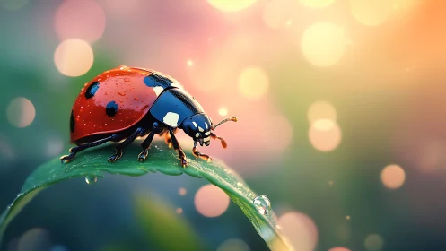 Gentle morning stroll of a ladybug on a dewy green leaf.
