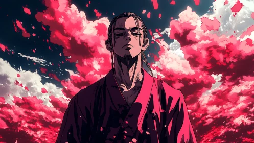 Crimson sky ronin breathing calm beneath stormed clouds.