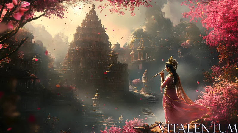 Flutist in pink robes enchants an ancient temple valley