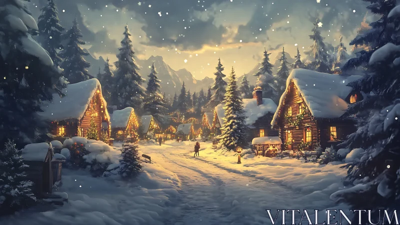 Snowy mountain village with glowing log cabins at dusk.