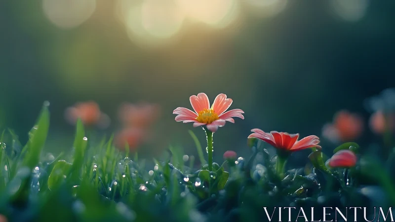 Gentle sunrise daisy glowing softly in a dewy meadow.