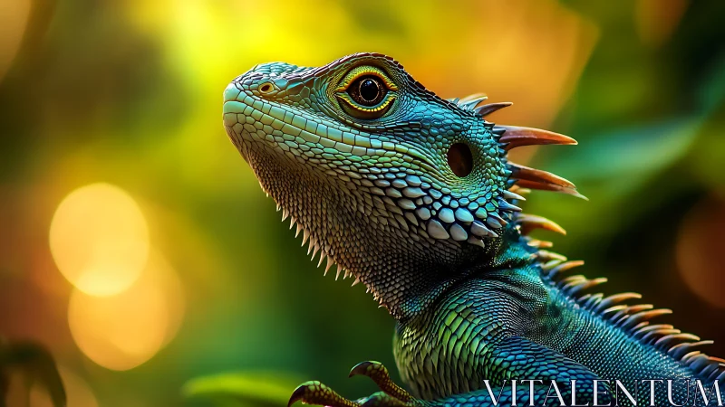 Iridescent lizard portrait captures sharp scales and warm bokeh