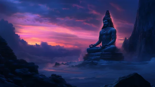 Twilight ocean meditation beneath a storm-kissed violet sky.