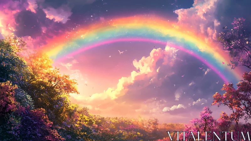 Radiant rainbow arching over luminous enchanted forest.