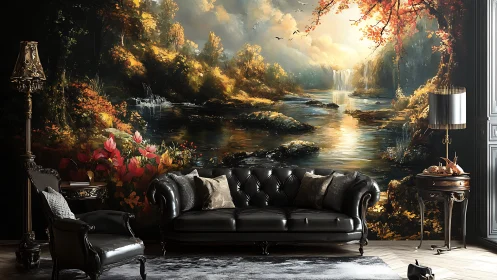 Luxury living room with large autumn landscape mural wall