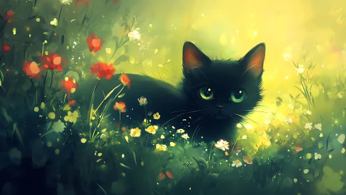 Black Cat in Luminous Flower Garden.