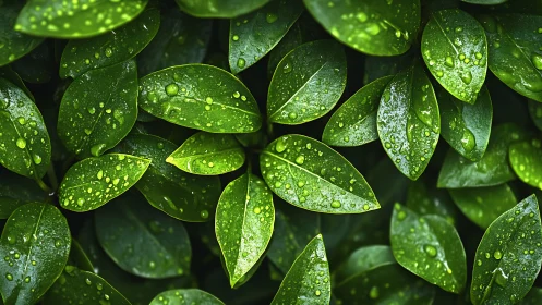 Macro foliage study with dewdrops on glossy green leaves.