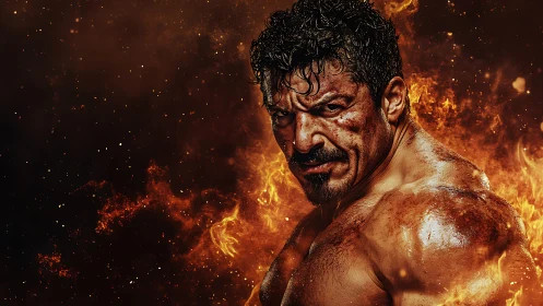 Fierce warrior rises from swirling flames and embers.