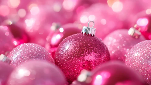 Glittering pink baubles in a dreamy holiday sparkle scene.