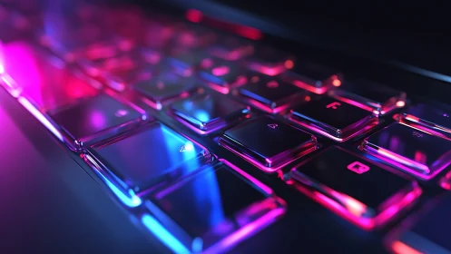Glass keyboard keys reflect neon blue and pink backlighting