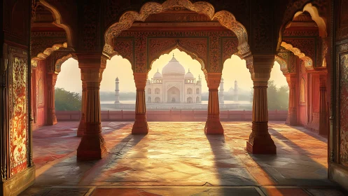 Morning arches cradle the Taj Mahal in glowing riverlight