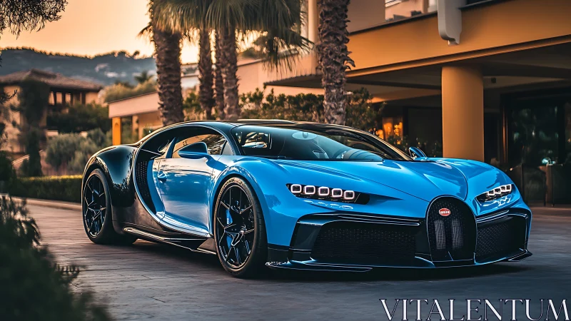 Midnight-blue hypercar lounges like a panther at sunset drive
