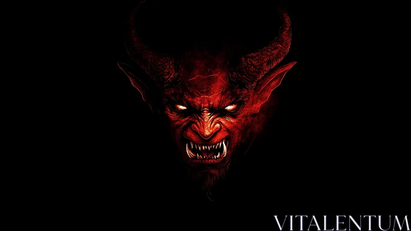 Fiery horned demon face glows boldly against deep darkness