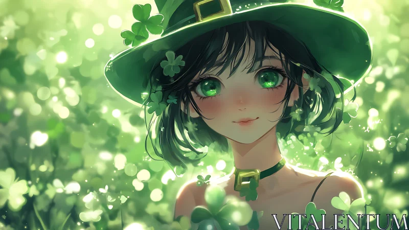 Green-clad character stands amid clover bokeh illumination