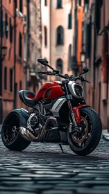 Red sport motorcycle on wet cobblestone street at dusk.