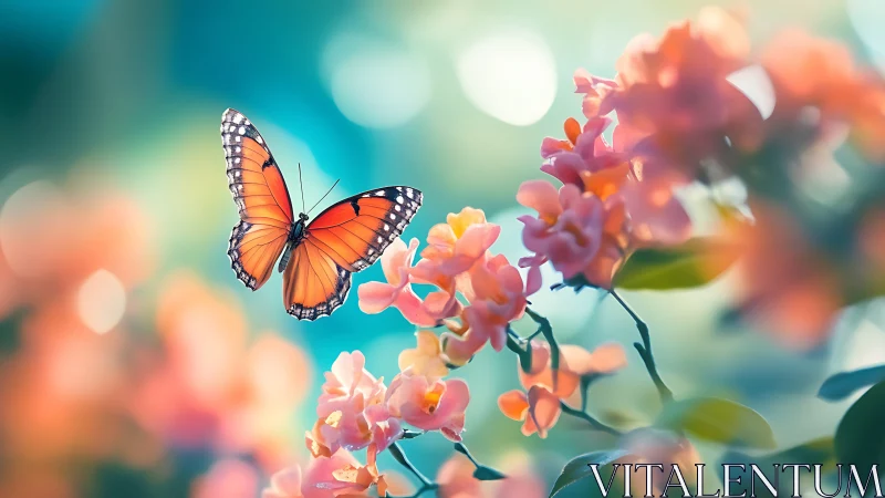 Macro depth-of-field study of orange butterfly hovering over flowers