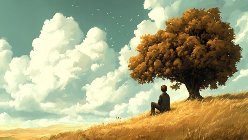 Boy sits under lone autumn tree on hill watching clouds