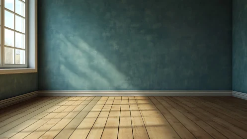 Sunlit wooden floor warms a calm teal empty room interior.