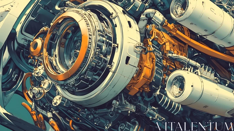 Intricate orbital engine core in teal and amber tones.