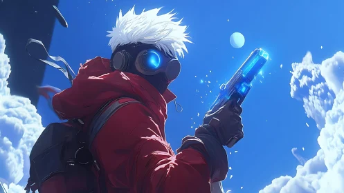 Masked sky rogue aims glowing pistol beneath bright clouds.