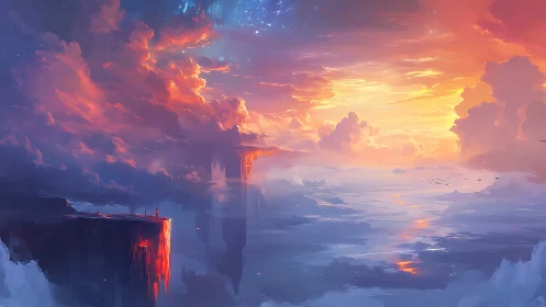 Cliff edge above cloud sea under vivid sunset sky.