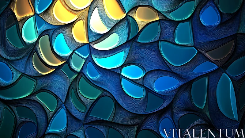 Layered blue and yellow abstract droplet pattern artwork.