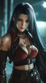 Steel-gazed night warrior in leather and neon hush.