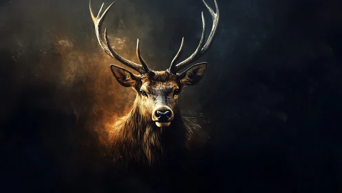 Stag portrait with antlers on dark textured abstract background.
