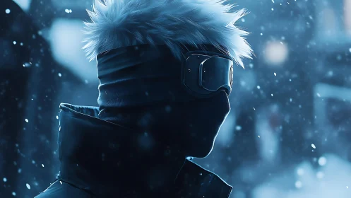 Profile of masked figure in snowy blue urban environment.