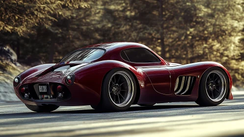 Sculpted crimson sports coupe on sunlit forest road.