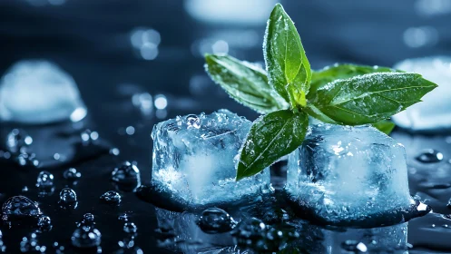 Glacial mint leaves resting on luminous ice cubes.