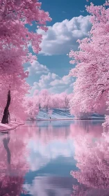 Infrared cherry blossom lake landscape with mirrored sky reflections