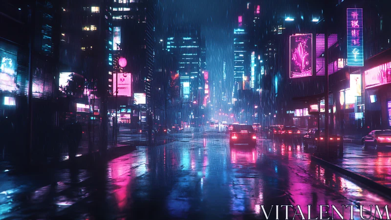 Neon drenched cyberpunk avenue glows through heavy night rain