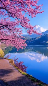 Sakura lakeshore pathway under pink blossom canopy at sunrise