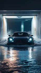 Midnight supercar storms through neon-lit tunnel waters.