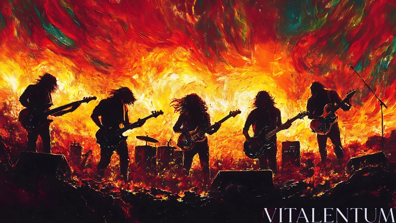 Digital painting of rock band silhouettes in infernal stage glow.