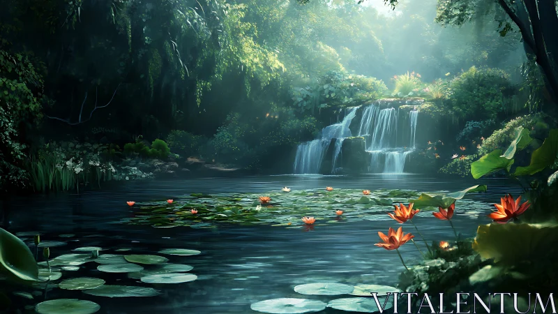 Sunlit forest waterfall cradling a pond of gentle lilies.