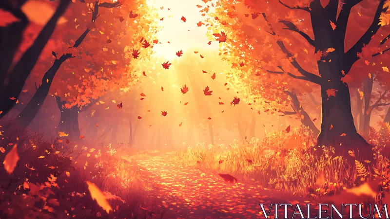 Golden Autumn Forest Path Aglow with Falling Leaves.