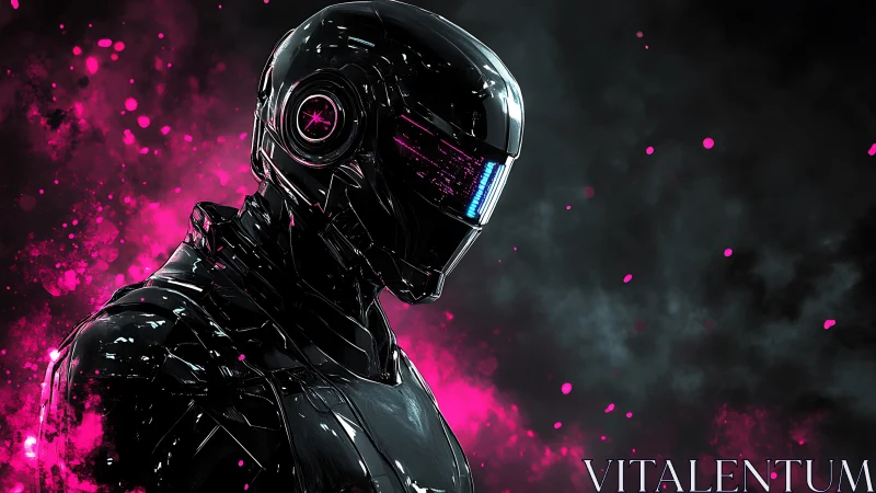 Cyberpunk chrome android in neon magenta particle field.