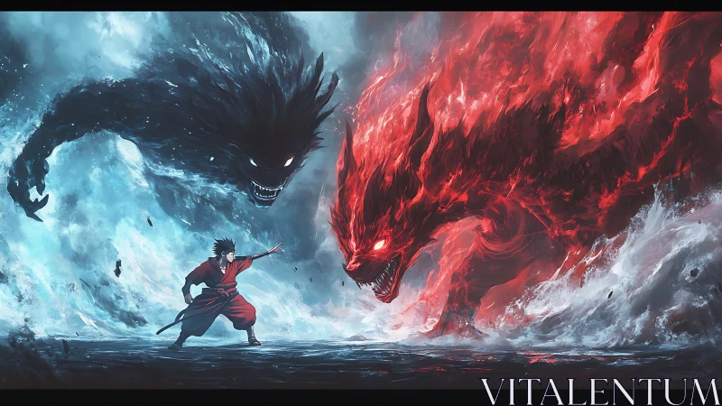 Figure confronts opposing elemental beasts in dynamic seascape