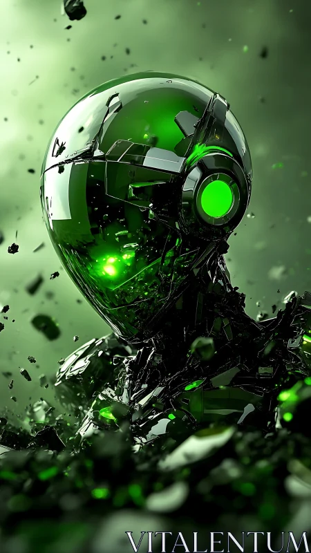 High-reflective glass android head disintegrates in green particle field