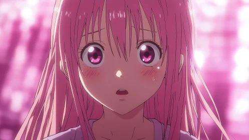 Shocked pink haired anime girl with glowing heart eyes.