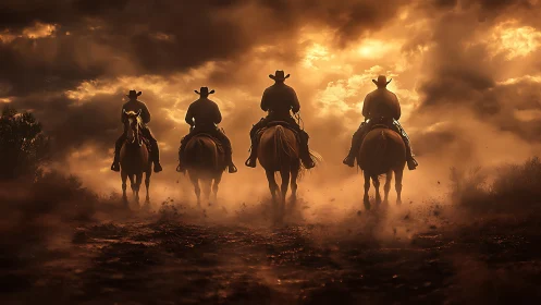 Four silhouetted riders move through dusty light at sunset