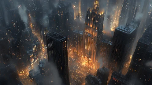 Noir megacity nightscape with luminous art deco spire