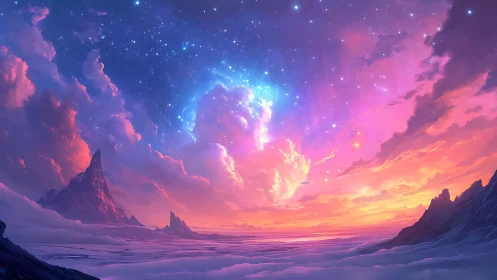 Spectral nebula sky illuminates frozen alien valley in vivid gradients