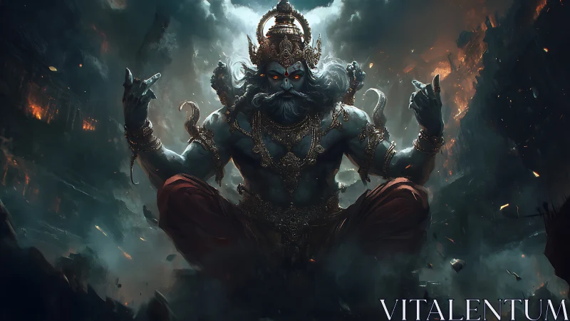 Mythic war-god manifestation in apocalyptic digital painting.