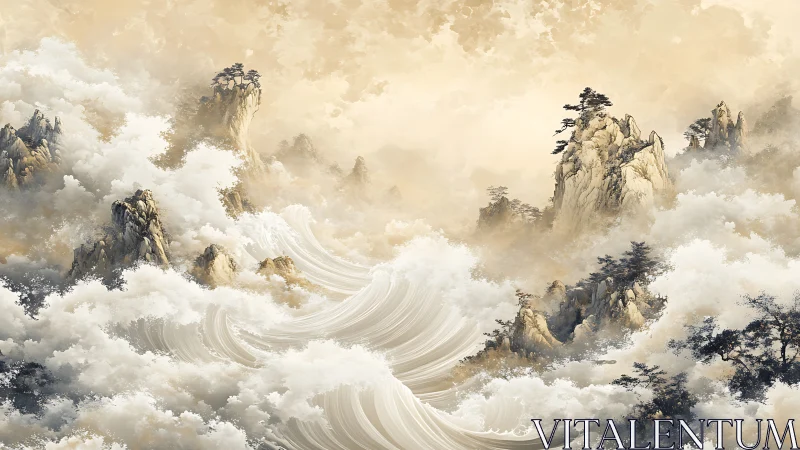 Ethereal ink mountains with swirling cloud river in sepia palette.