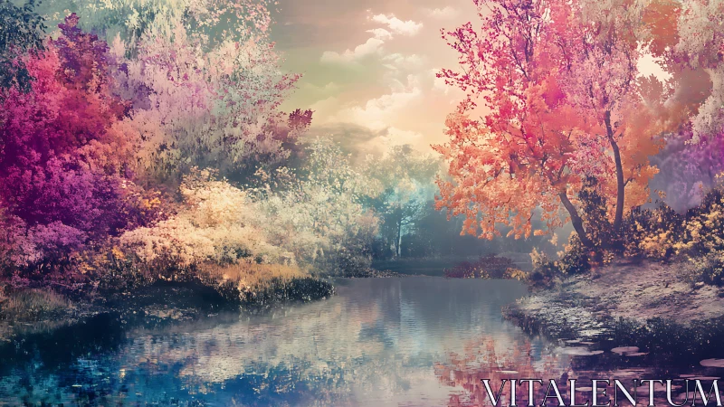 Digital landscape shows multicolored foliage around still water