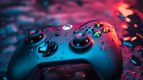 Neon-Drenched Game Controller Swimming Through Luminous Digital Realms.